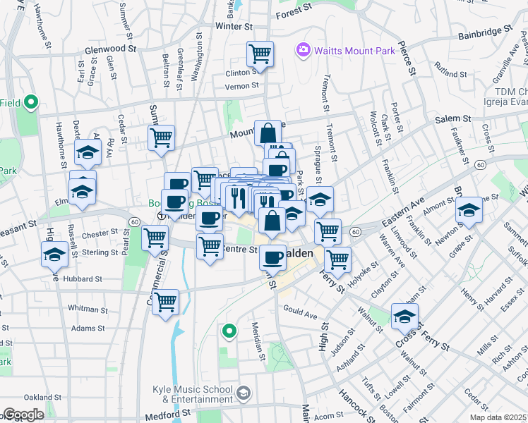 map of restaurants, bars, coffee shops, grocery stores, and more near 36 Dartmouth Street in Malden