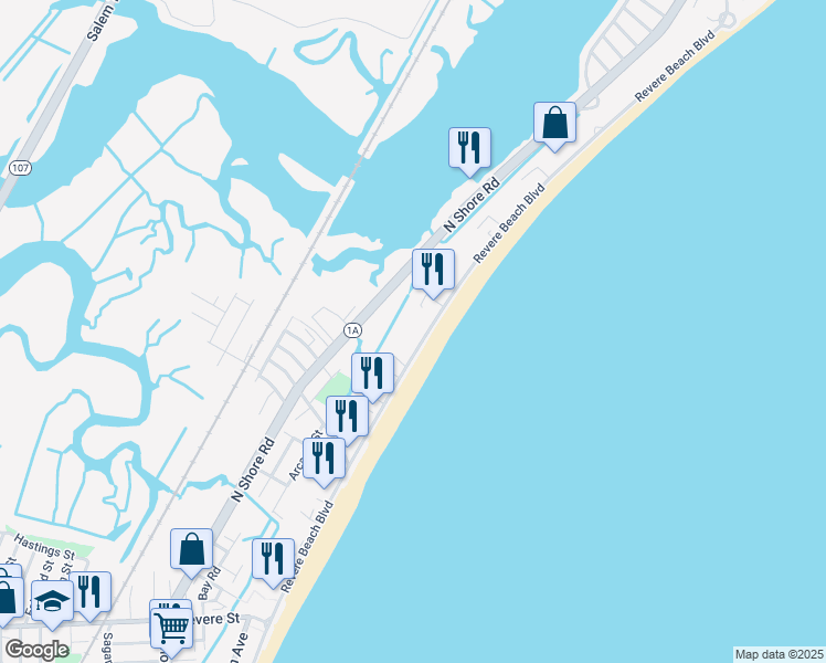 map of restaurants, bars, coffee shops, grocery stores, and more near 482R Revere Beach Boulevard in Revere