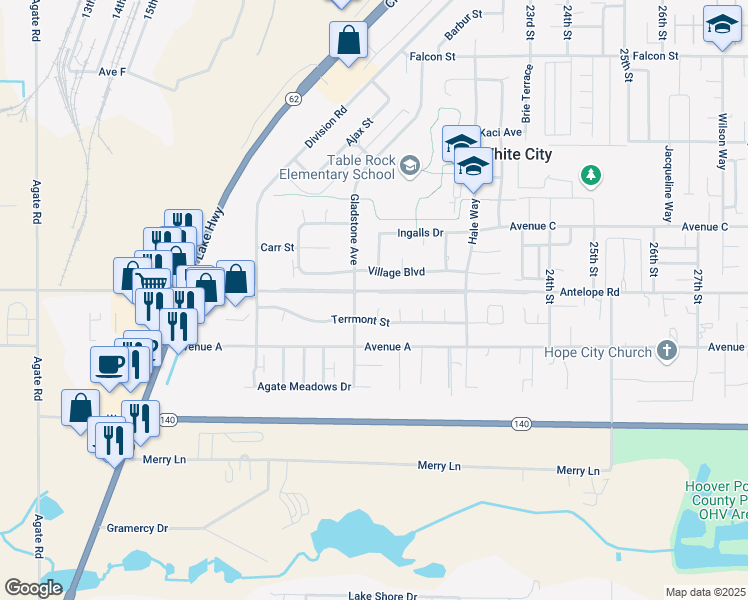 map of restaurants, bars, coffee shops, grocery stores, and more near 2714 Village Boulevard in White City