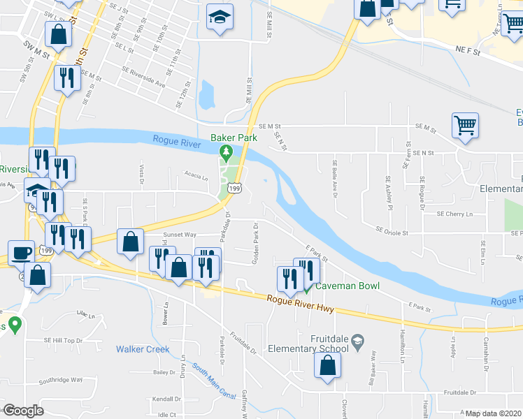 map of restaurants, bars, coffee shops, grocery stores, and more near 124 Southeast Gold River Lane in Grants Pass