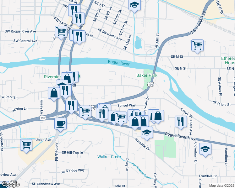 map of restaurants, bars, coffee shops, grocery stores, and more near 495 East Park Street in Grants Pass