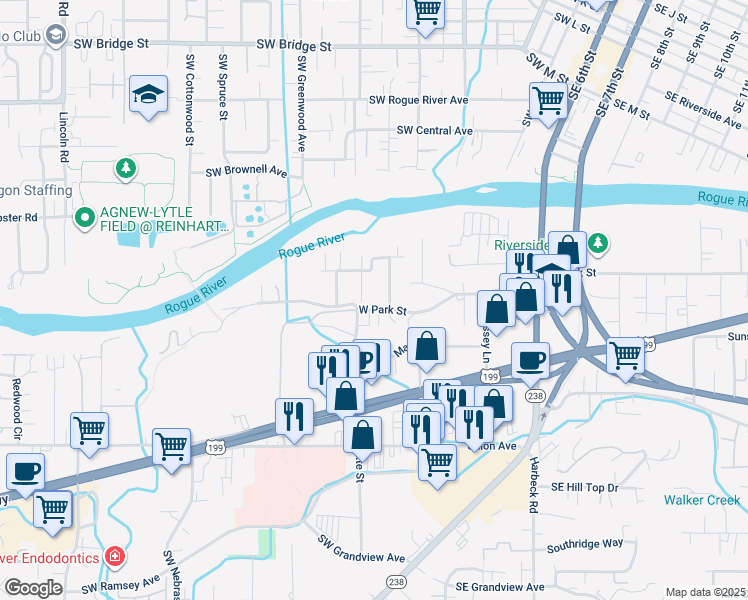 map of restaurants, bars, coffee shops, grocery stores, and more near 424 West Park Street in Grants Pass