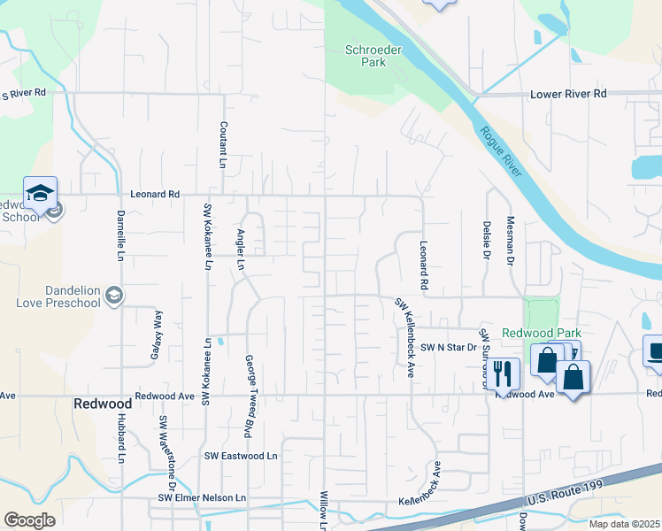 map of restaurants, bars, coffee shops, grocery stores, and more near 1129 Willow Lane in Grants Pass