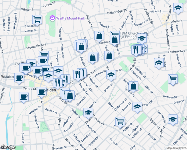 map of restaurants, bars, coffee shops, grocery stores, and more near 38 Almont Street in Malden