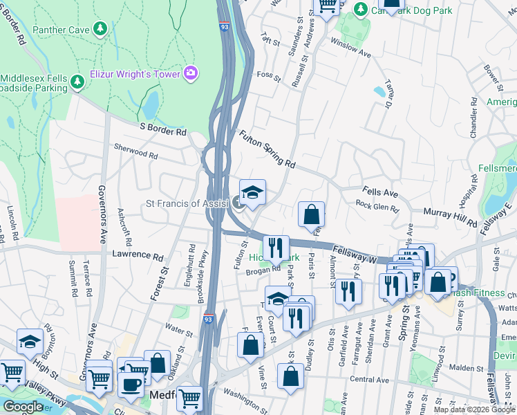 map of restaurants, bars, coffee shops, grocery stores, and more near 194 Fulton Street in Medford