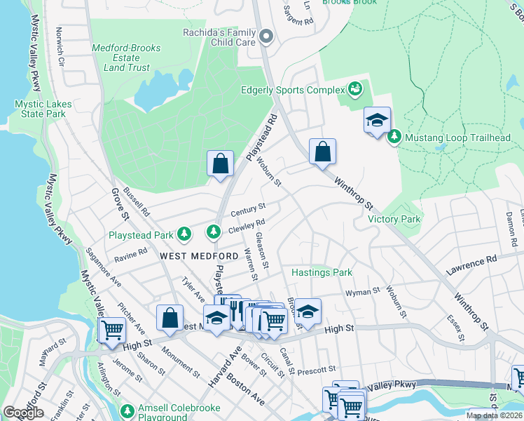 map of restaurants, bars, coffee shops, grocery stores, and more near 21 Century Street in Medford