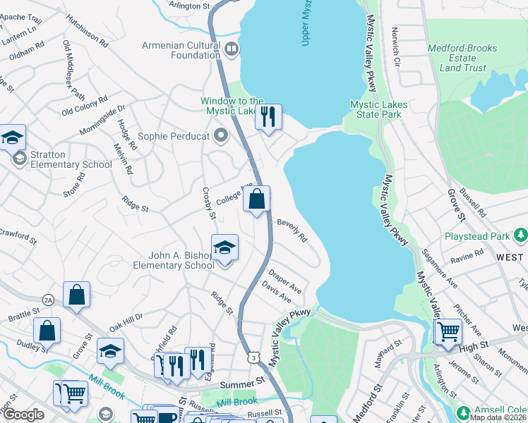 map of restaurants, bars, coffee shops, grocery stores, and more near 326 Mystic Street in Arlington