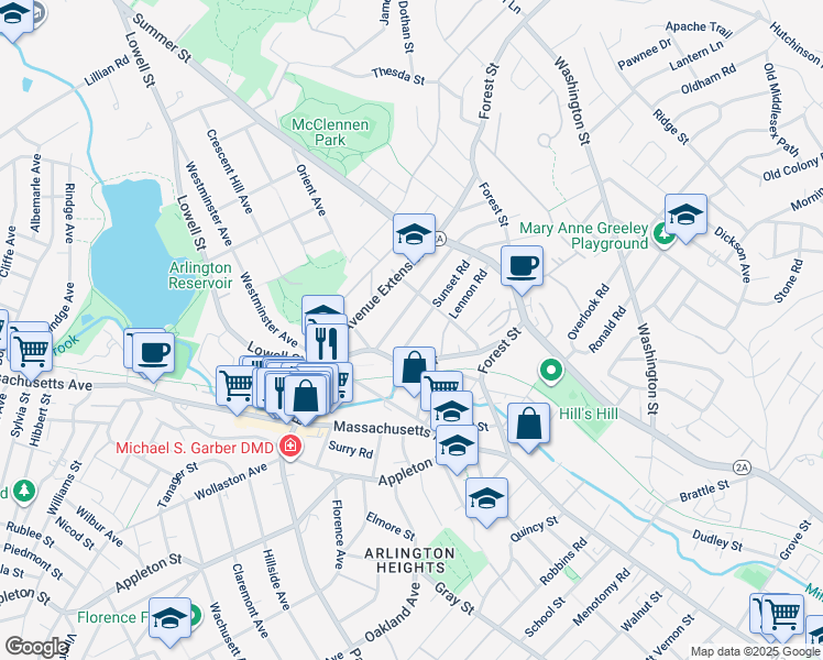 map of restaurants, bars, coffee shops, grocery stores, and more near 46 Sunset Road in Arlington