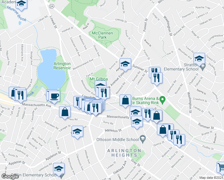 map of restaurants, bars, coffee shops, grocery stores, and more near 21 Alpine Street in Arlington