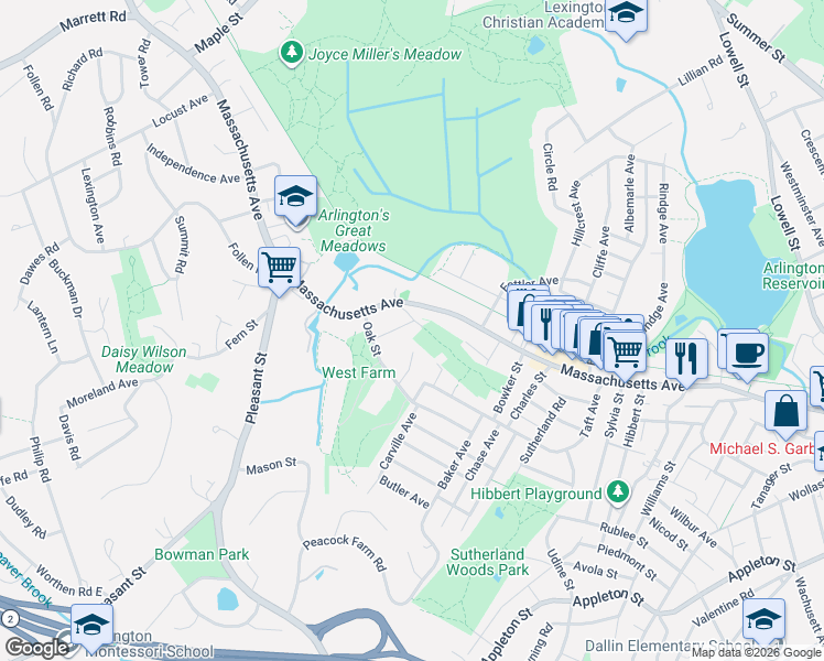 map of restaurants, bars, coffee shops, grocery stores, and more near 8 Bruce Road in Lexington