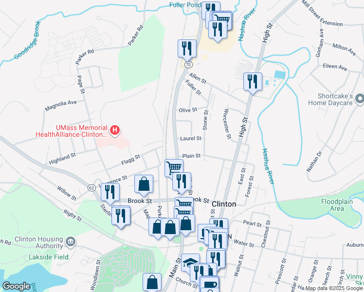 map of restaurants, bars, coffee shops, grocery stores, and more near 4 Main Street in Clinton