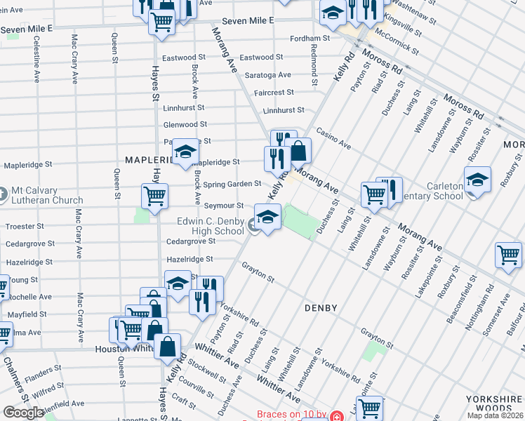 map of restaurants, bars, coffee shops, grocery stores, and more near 17127 Kelly Road in Detroit