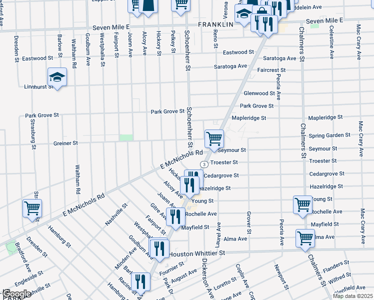 map of restaurants, bars, coffee shops, grocery stores, and more near 13613 East McNichols Road in Detroit
