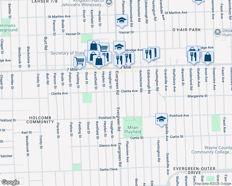 map of restaurants, bars, coffee shops, grocery stores, and more near 18920 Vaughan Street in Detroit