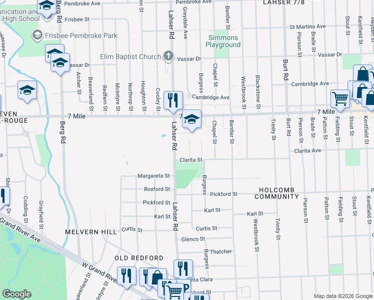 map of restaurants, bars, coffee shops, grocery stores, and more near 18975 Greydale Avenue in Detroit