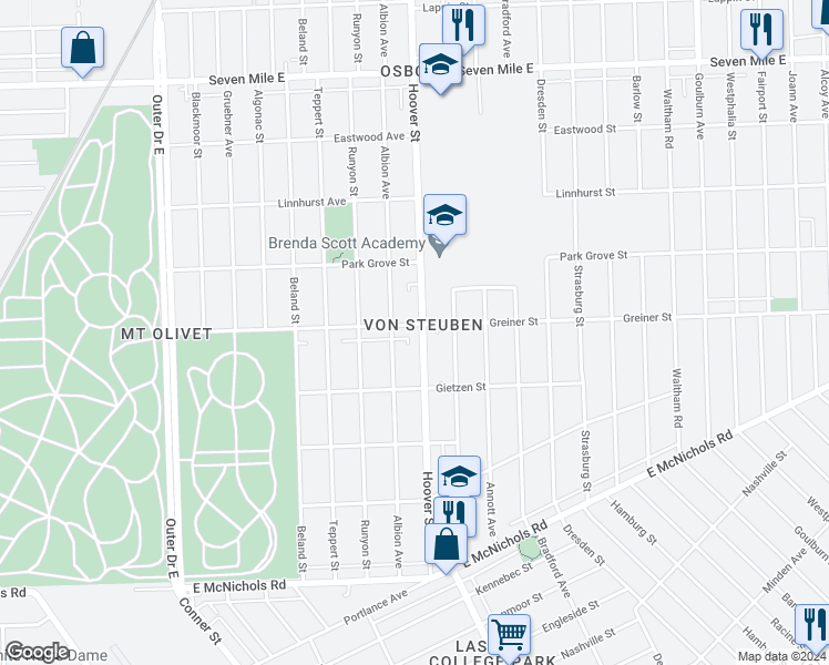 map of restaurants, bars, coffee shops, grocery stores, and more near 17911 Hoover Street in Detroit