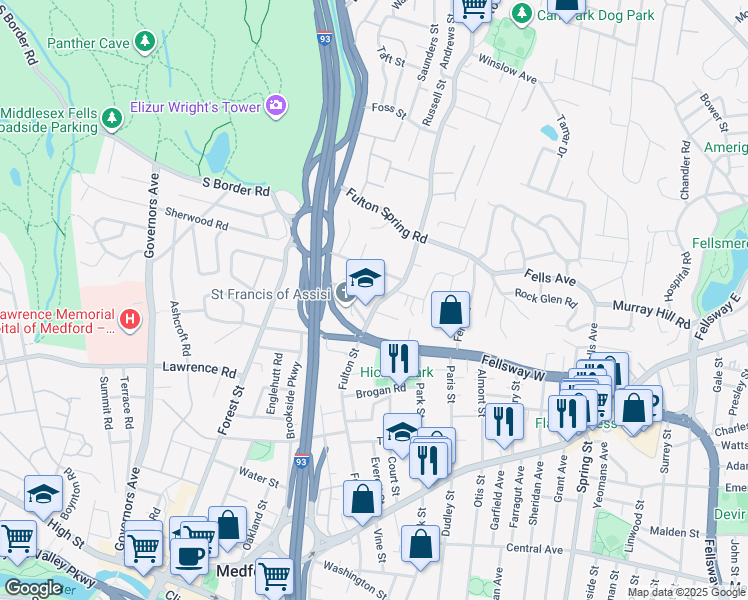 map of restaurants, bars, coffee shops, grocery stores, and more near 194 Fulton Street in Medford