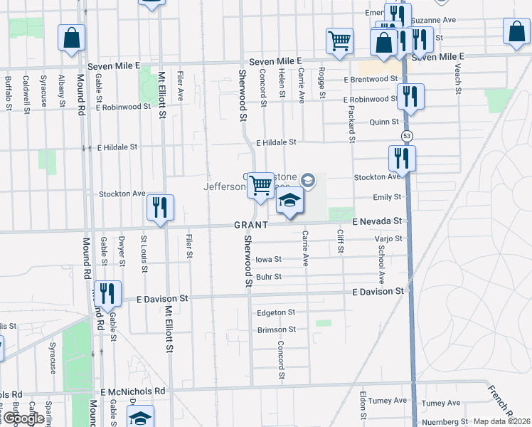 map of restaurants, bars, coffee shops, grocery stores, and more near 18056 Concord Street in Detroit