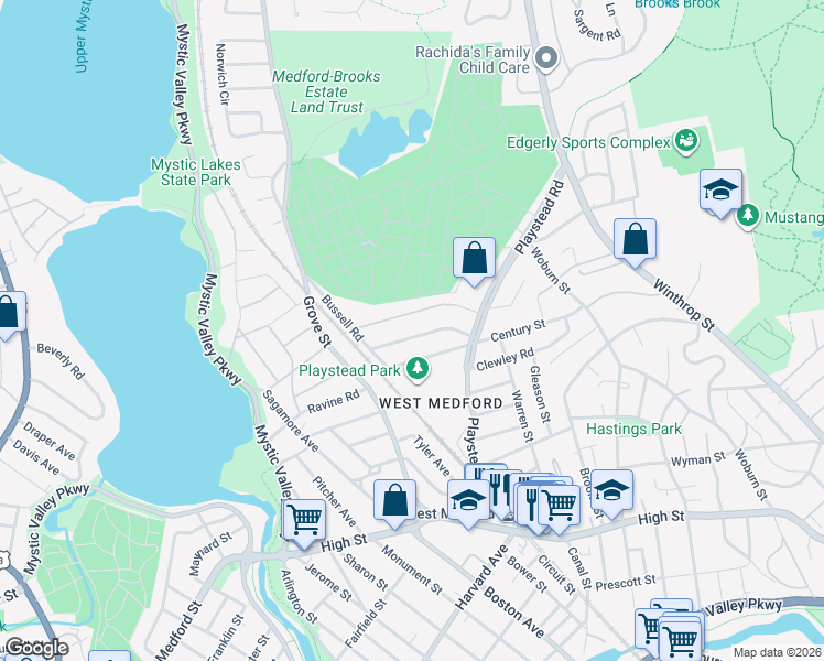 map of restaurants, bars, coffee shops, grocery stores, and more near 77 Roberts Road in Medford