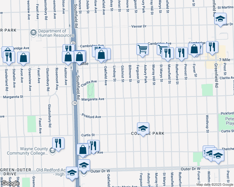 map of restaurants, bars, coffee shops, grocery stores, and more near 18628 Lindsay Street in Detroit