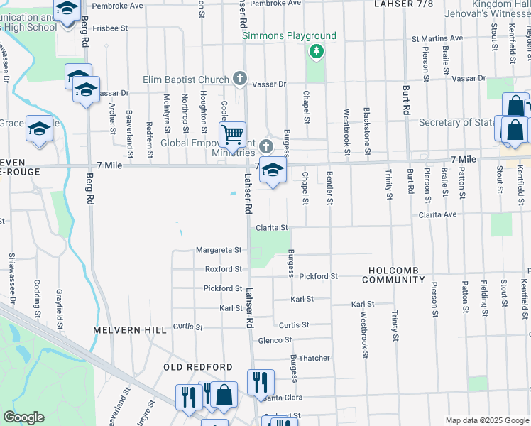 map of restaurants, bars, coffee shops, grocery stores, and more near 18975 Greydale Avenue in Detroit