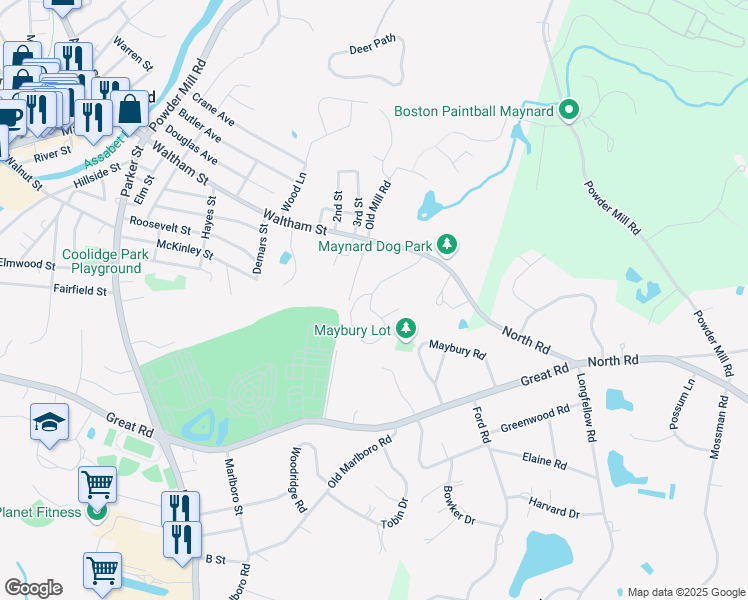 map of restaurants, bars, coffee shops, grocery stores, and more near 3 Oak Ridge Drive in Maynard