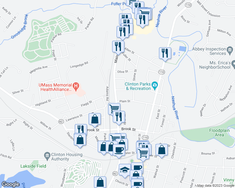 map of restaurants, bars, coffee shops, grocery stores, and more near 855 Main Street in Clinton