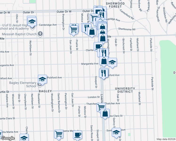 map of restaurants, bars, coffee shops, grocery stores, and more near 18491 Santa Rosa Drive in Detroit