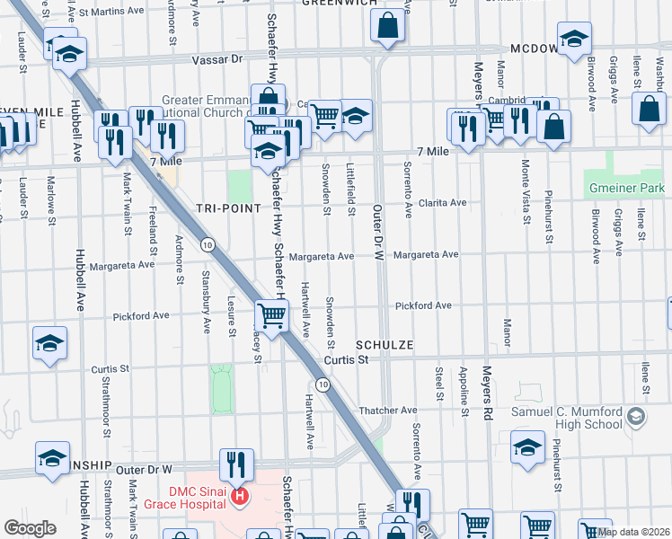 map of restaurants, bars, coffee shops, grocery stores, and more near 18517 Snowden Street in Detroit