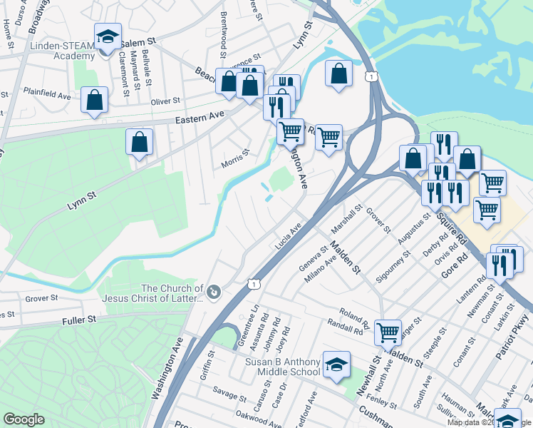 map of restaurants, bars, coffee shops, grocery stores, and more near 24 Griswold Street in Revere