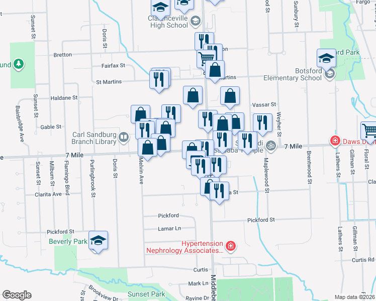 map of restaurants, bars, coffee shops, grocery stores, and more near 29580 Seven Mile West in Wayne County