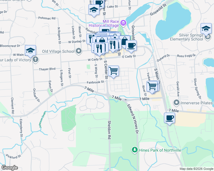 map of restaurants, bars, coffee shops, grocery stores, and more near 105 Fairbrook Street in Northville