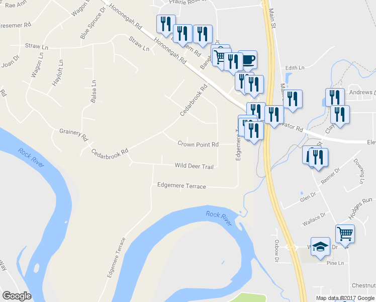 map of restaurants, bars, coffee shops, grocery stores, and more near 4803 Crown Point Road in Roscoe