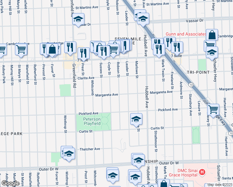 map of restaurants, bars, coffee shops, grocery stores, and more near 18636 Coyle Street in Detroit
