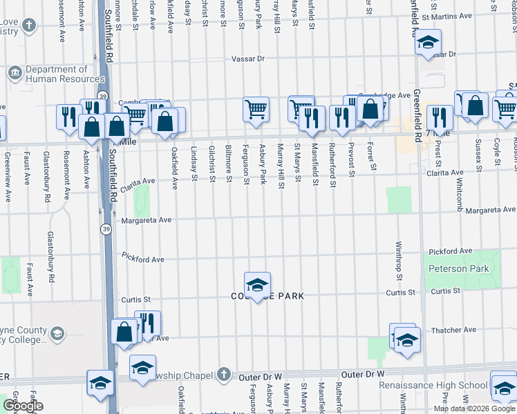 map of restaurants, bars, coffee shops, grocery stores, and more near 18661 Asbury Park in Detroit
