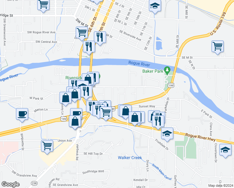 map of restaurants, bars, coffee shops, grocery stores, and more near 208 Marilee Row in Grants Pass