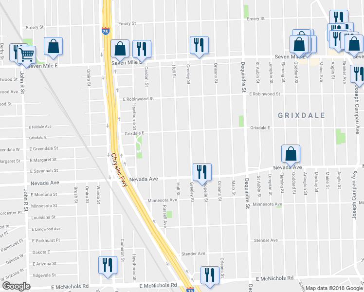map of restaurants, bars, coffee shops, grocery stores, and more near 18140 Hull St in Detroit