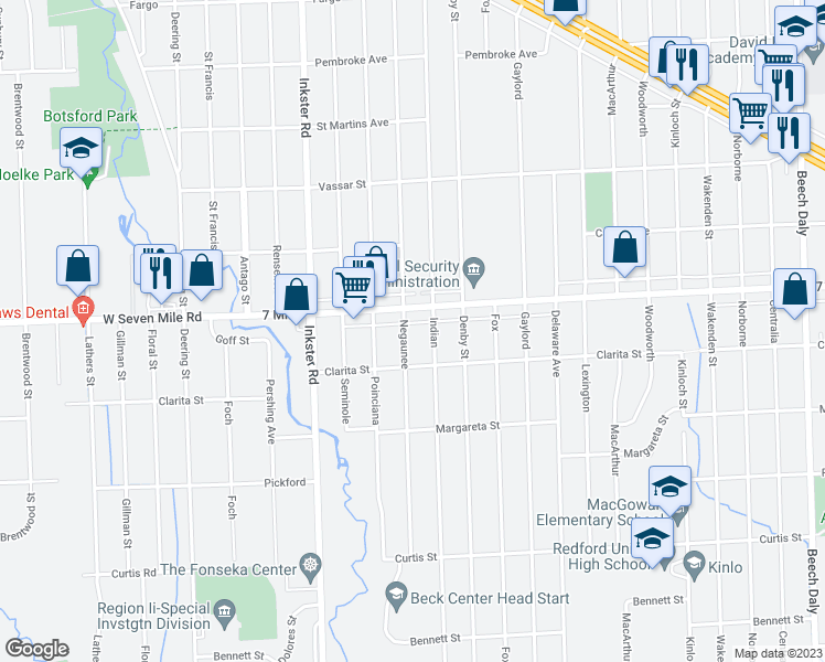 map of restaurants, bars, coffee shops, grocery stores, and more near 18868 Negaunee in Redford Charter Township