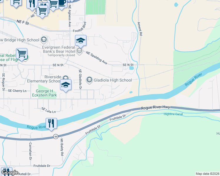 map of restaurants, bars, coffee shops, grocery stores, and more near 320 Shannon Lane in Grants Pass
