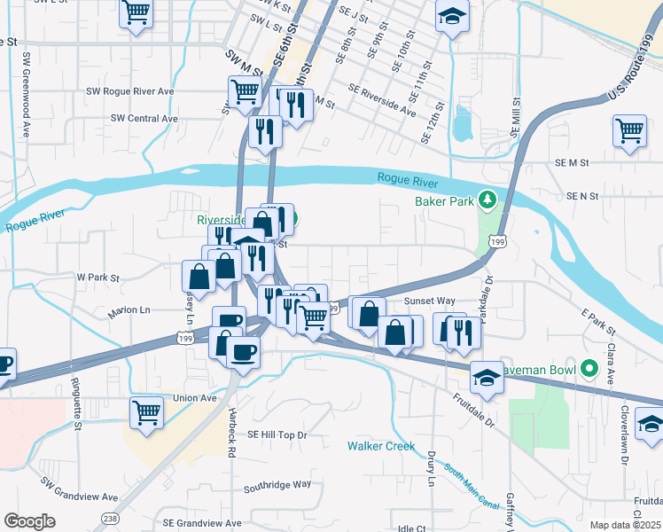 map of restaurants, bars, coffee shops, grocery stores, and more near 375 East Park Street in Grants Pass
