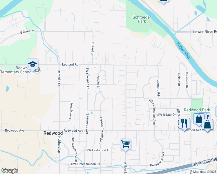map of restaurants, bars, coffee shops, grocery stores, and more near 1090 Rainwood Lane in Grants Pass