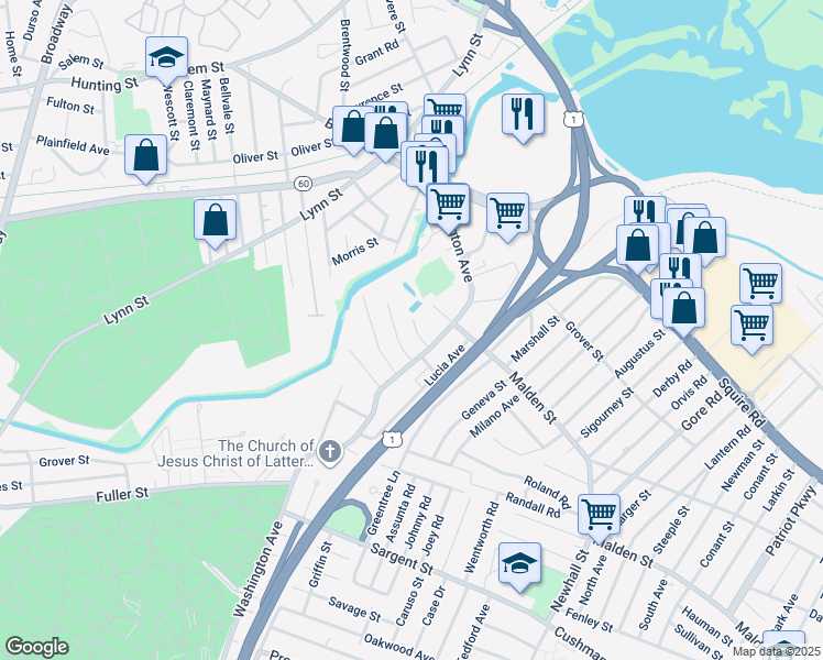map of restaurants, bars, coffee shops, grocery stores, and more near 46 Loomis Street in Revere