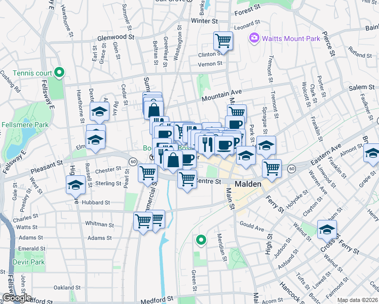 map of restaurants, bars, coffee shops, grocery stores, and more near 157 Pleasant Street in Malden