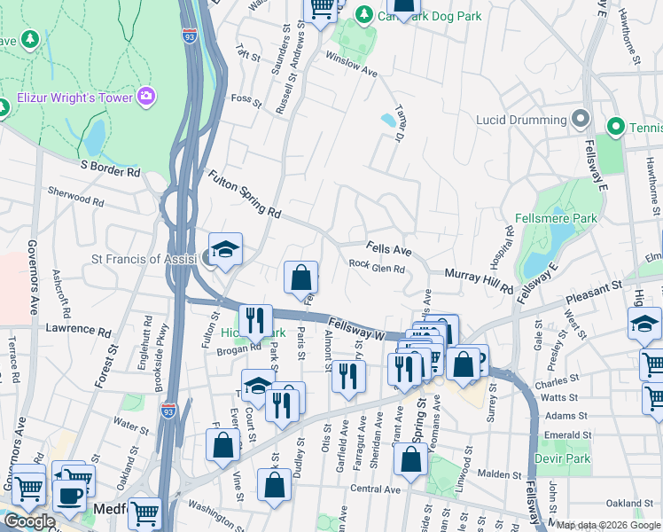 map of restaurants, bars, coffee shops, grocery stores, and more near 5 Lookout Road in Medford