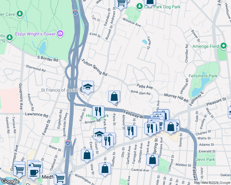 map of restaurants, bars, coffee shops, grocery stores, and more near 24 Mammola Way in Medford