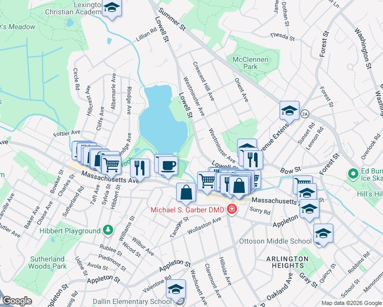 map of restaurants, bars, coffee shops, grocery stores, and more near 1 Colonial Village Drive in Arlington