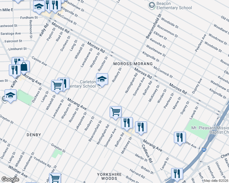 map of restaurants, bars, coffee shops, grocery stores, and more near 11800 Roxbury Street in Detroit