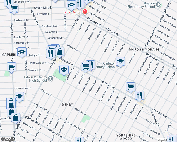 map of restaurants, bars, coffee shops, grocery stores, and more near 12136 Whitehill Street in Detroit