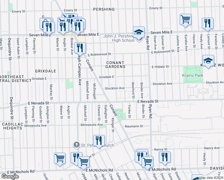 map of restaurants, bars, coffee shops, grocery stores, and more near 3501 Stockton Street in Detroit