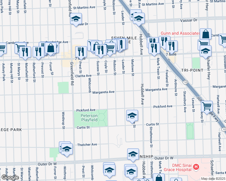 map of restaurants, bars, coffee shops, grocery stores, and more near 18636 Coyle Street in Detroit